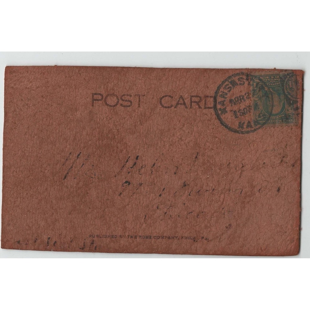 Antique 1907 Kansas City KS KCK Pennant Leather Postcard Rose Co Philadelphia - Picture 2 of 2